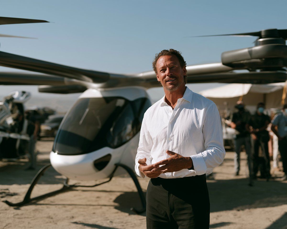 A seller in front of an aircraft